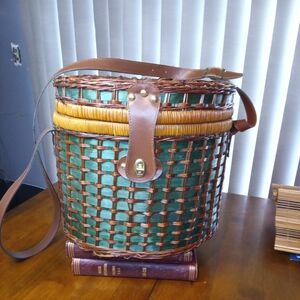 Elegant Green and Brown Woven Basket with Leather Strap
